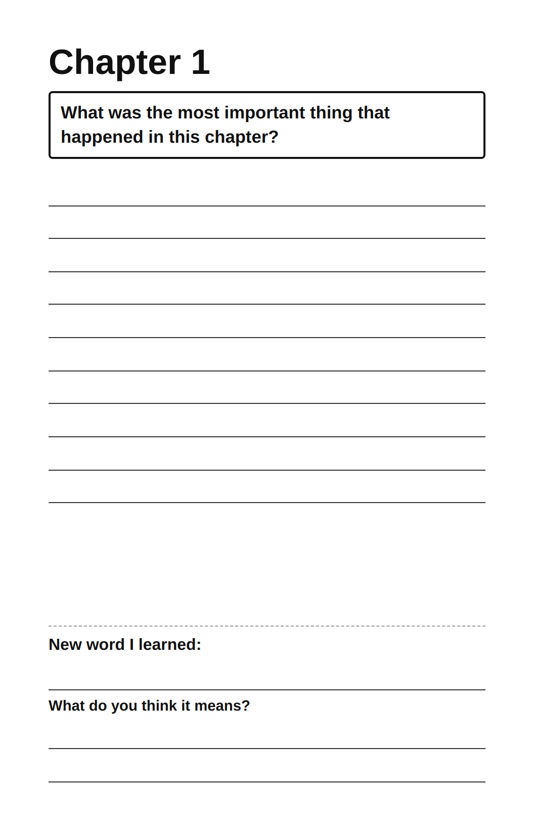 Chapter page from a printable reading journal — One page per chapter: a question, ruled lines to write on, and an optional vocabulary prompt.