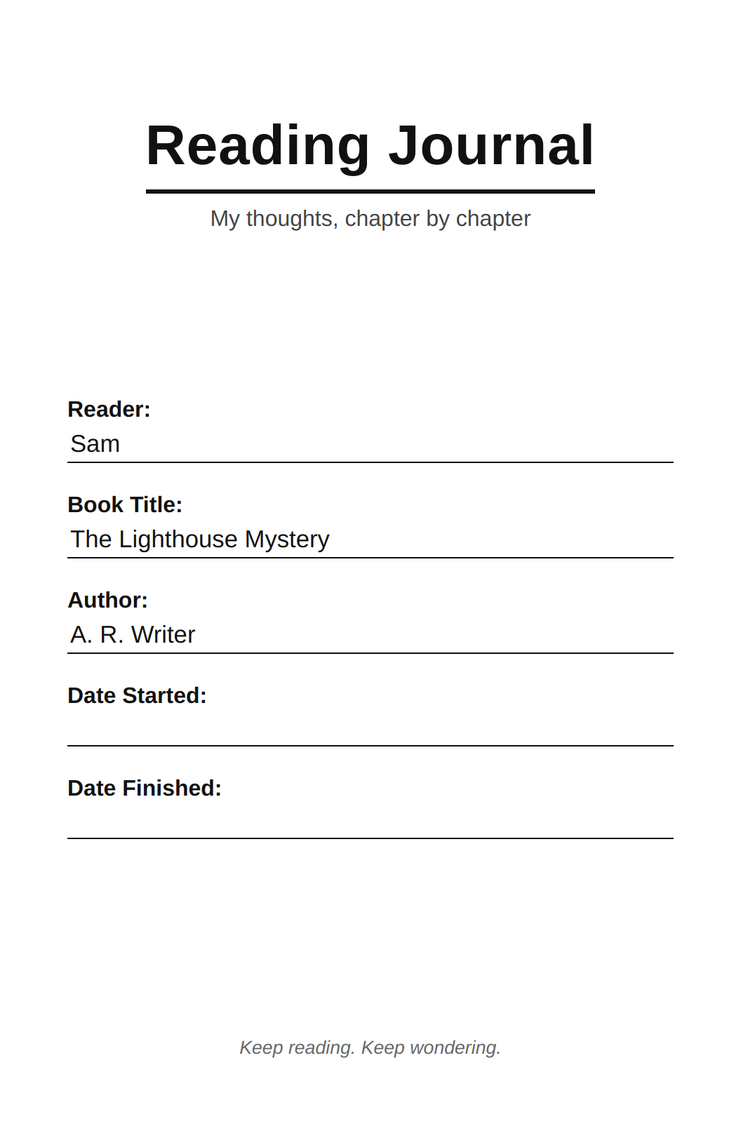 Cover page from a printable reading journal — A title page with spaces for the book, author, reader, and dates.