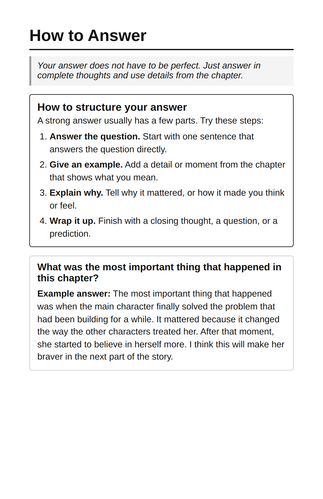 Example answers from a printable reading journal — A short “how to answer” guide with model responses so kids know what a strong answer looks like.